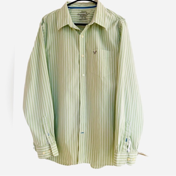 AMERICAN EAGLE ~ Men’s Long Sleeve Dress or Casual Green Striped Shirt size XL - Picture 1 of 7